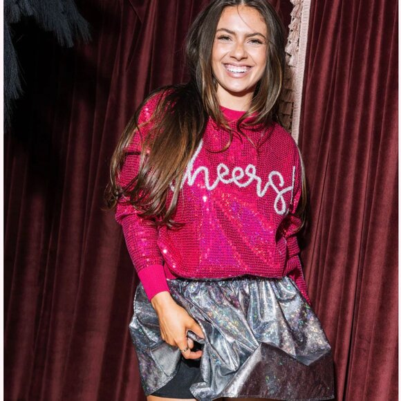 NWT QUEEN OF SPARKLES Hot Pink Full Sequin Cheers Sweater - Picture 3 of 12